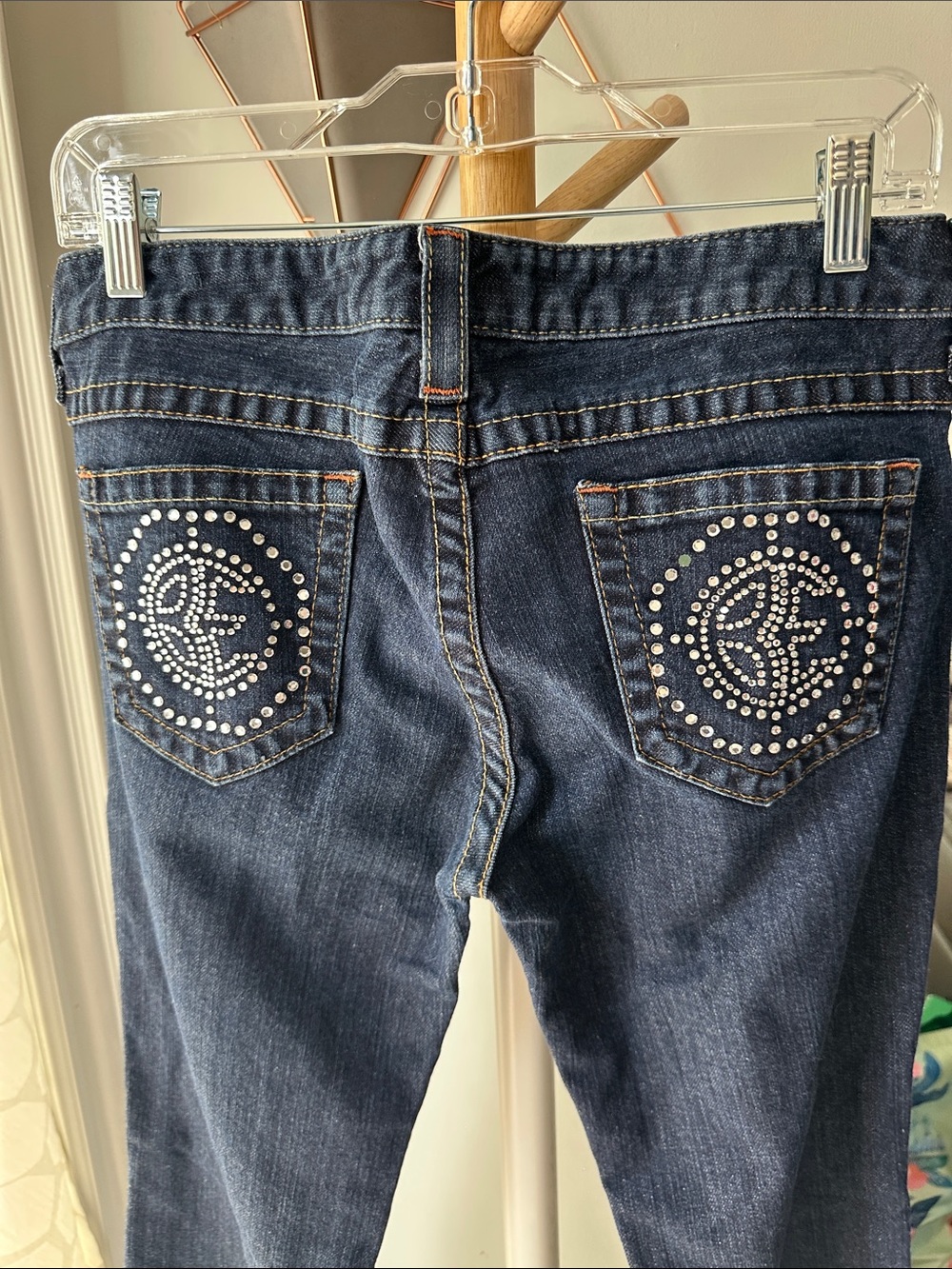 VINTAGE Y2K BEBE Dark Navy Blue Bootcut Low Rise Jeans Denim Crystals Size 29